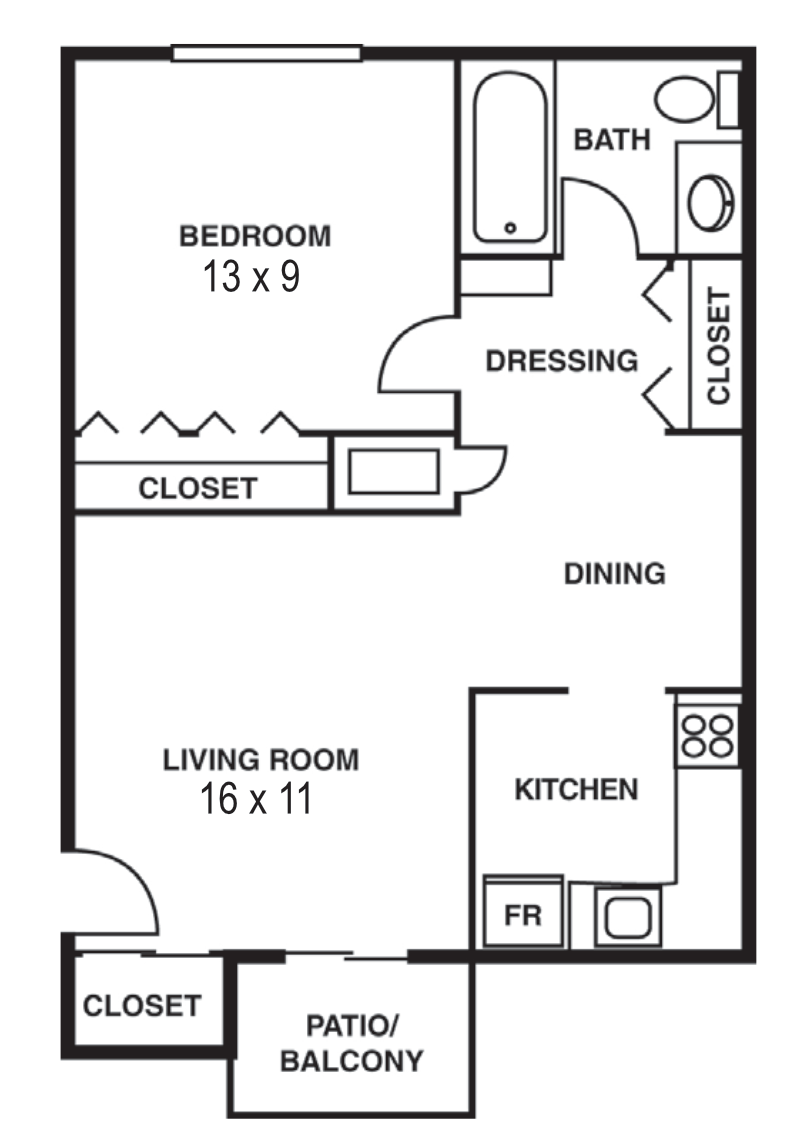 Floor plan for 1 bed, 1 bath, 740 sqft